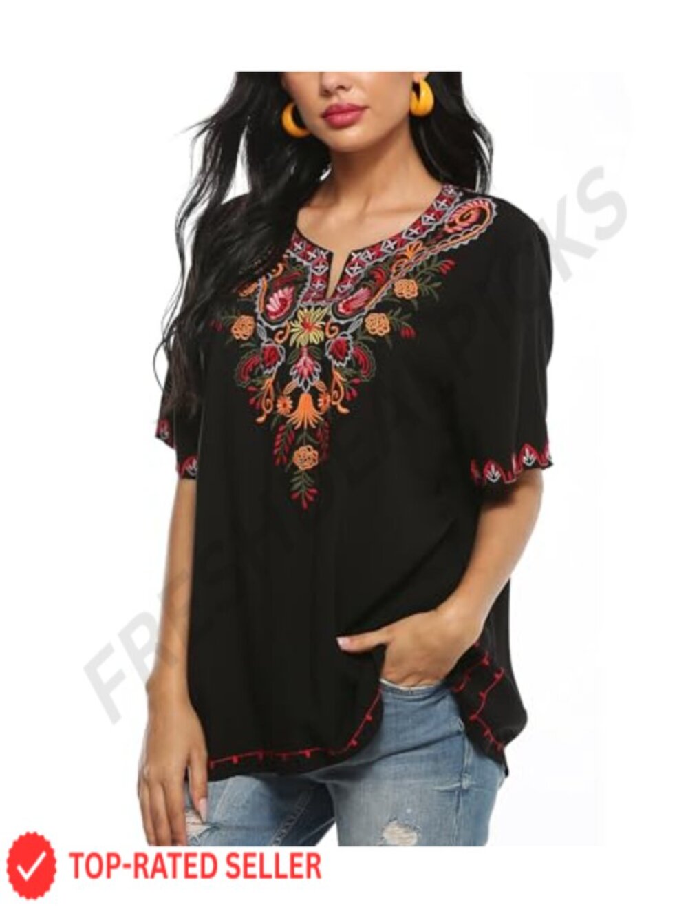 Embroidered Mexican Peasant Top Boho Tunic Floral Fiesta Blouse